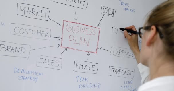 Donna Disegno Business Plan Diagramma Blocchi Con Marcatore Sulla Lavagna — Video Stock