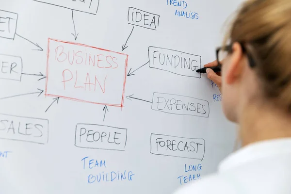 Vrouw Schrijven Business Plan Schets Met Marker Whiteboard — Stockfoto