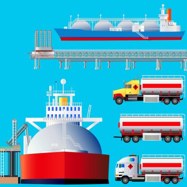 LNG terminali, tanker ve kamyon. Vektör çizim