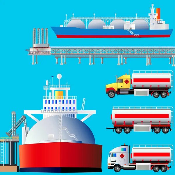 Terminale GNL, autocisterne e camion. Illustrazione vettoriale — Vettoriale Stock