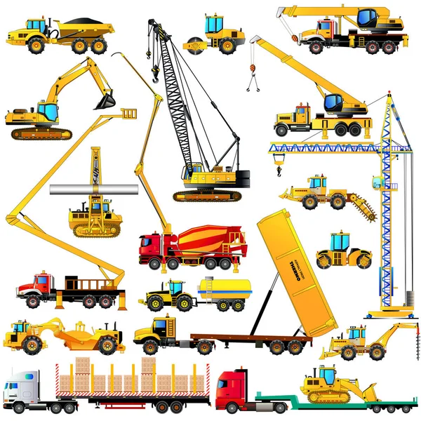 Color set of heavy construction machines icons, on white — Stock Vector