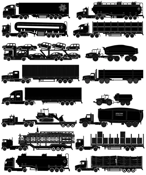 Caminhões com reboques silhuetas conjunto. Ilustração vetorial — Vetor de Stock