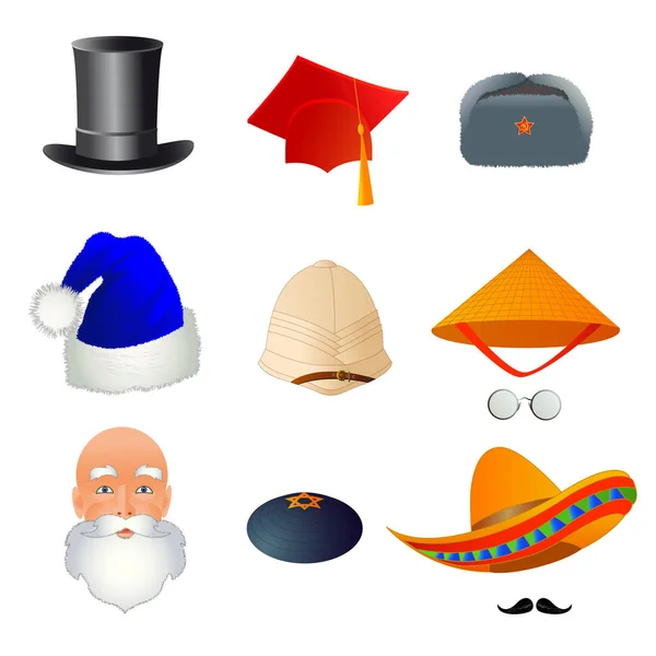 Conjunto de sombreros de dibujos animados, diferentes profesiones y naciones — Vector de stock