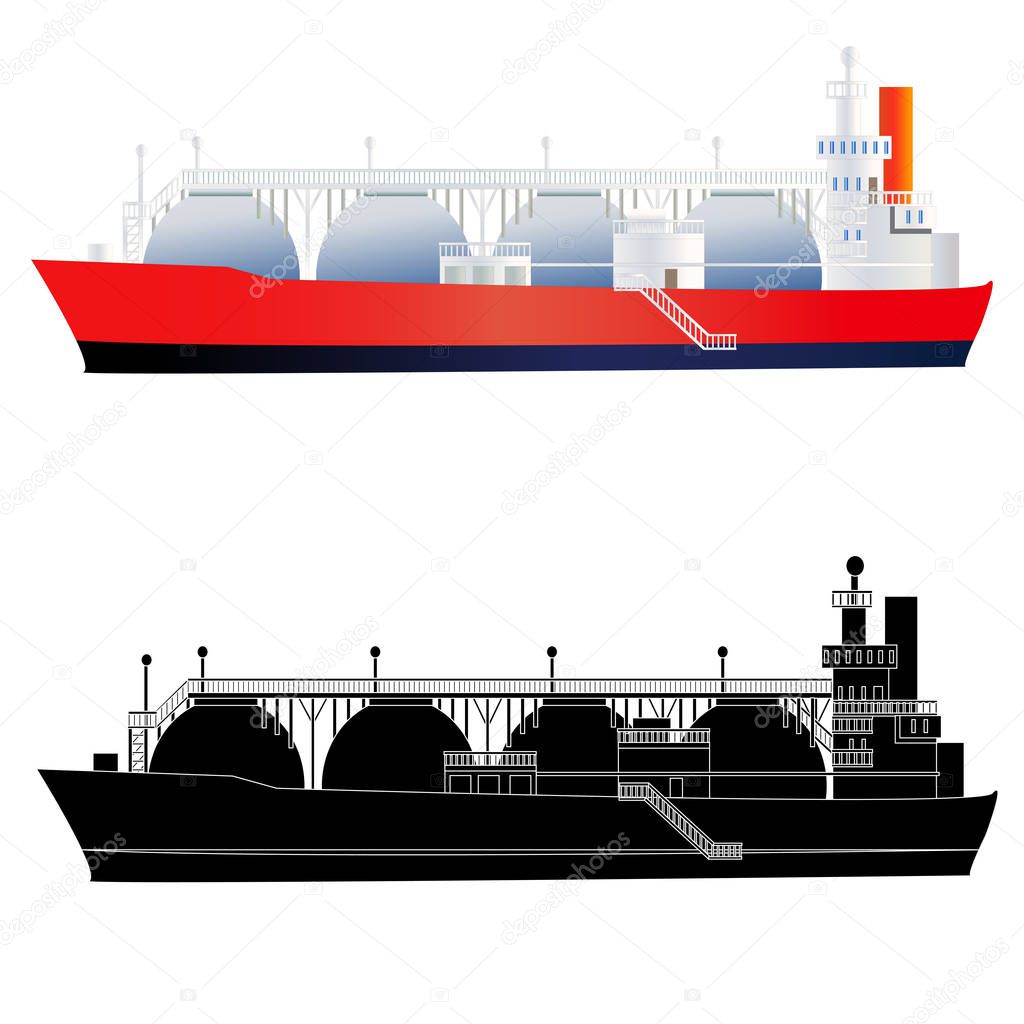 LNG gas tanker. Flat style and silhouette. Isolated, vector