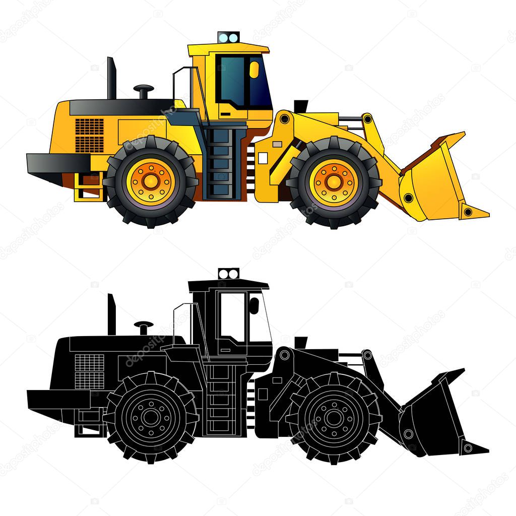 Wheel loader, witth silhoette, isolated on white, vector