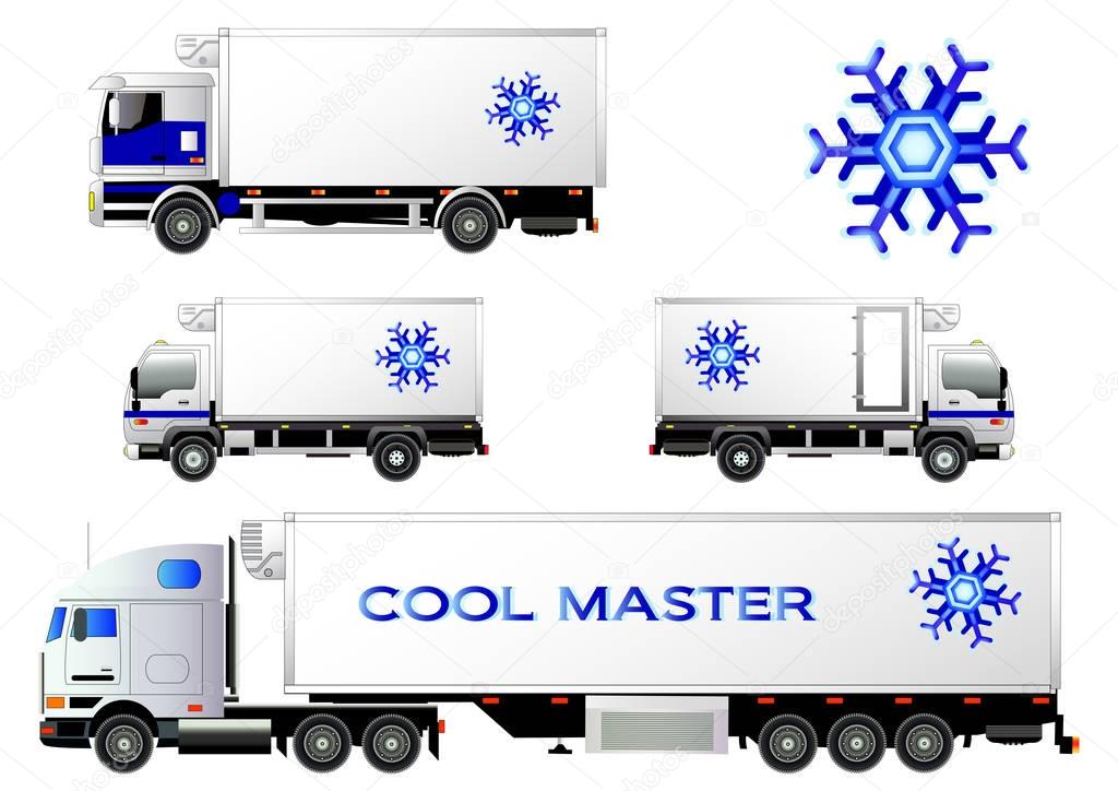 Refrigerator trucks vector set, isolated on white