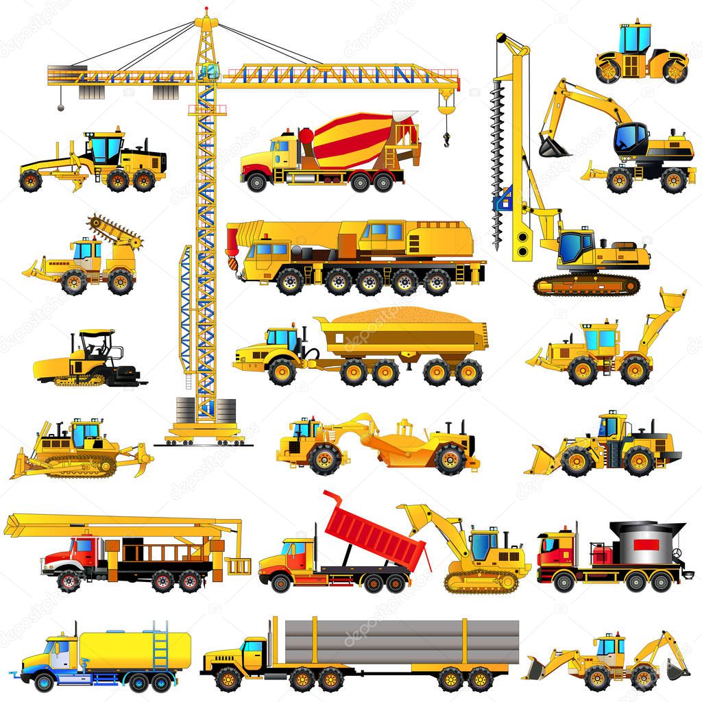 Set of heavy construction machines, icons, isolated, vector
