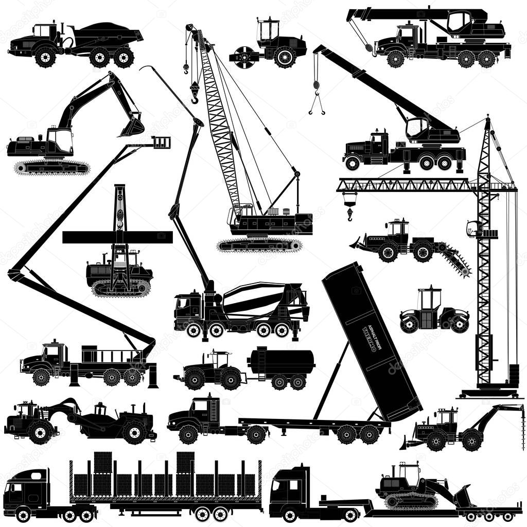 Heavy construction machines icons, silhouettes on white