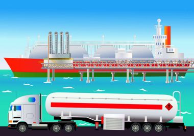 LNG terminali, tanker ve kamyon ile. Vektör çizim