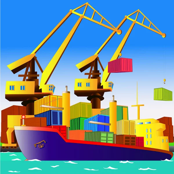 Buque de carga en puerto marítimo, vector — Vector de stock