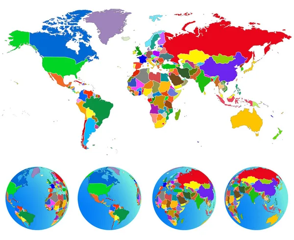 Mapa do mundo, Globos com países. Planeta Terra. Vetor Vetores De Stock Royalty-Free