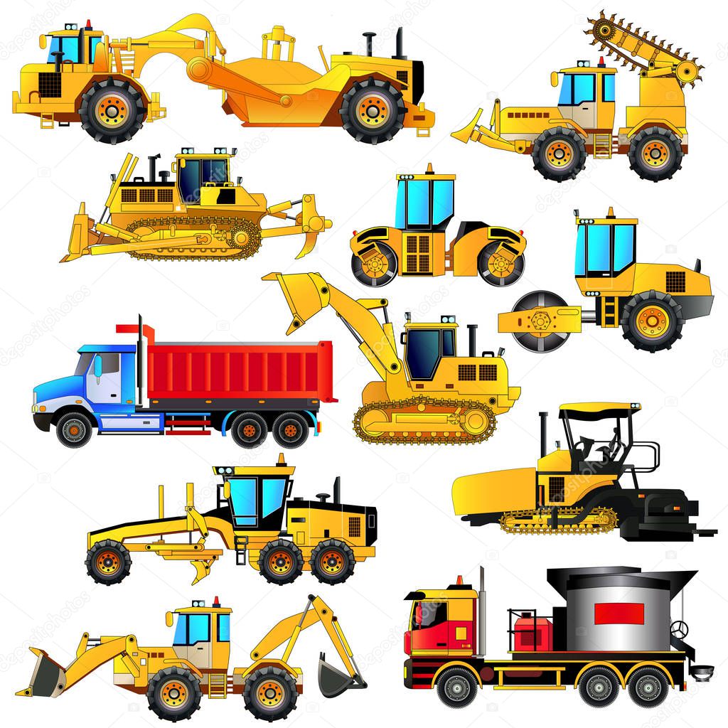 Road construction equipment set. Detailed vector icons, isolated