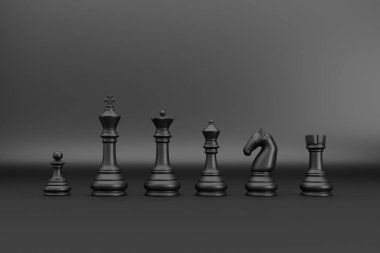 Siyah backgrond 3d render üzerinde siyah satranç parçaları dizin
