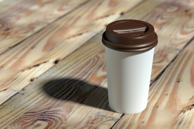 Kağıt kahve fincanı kahverengi kapak mock-up üzerinde ahşap masa 3d renderi ile