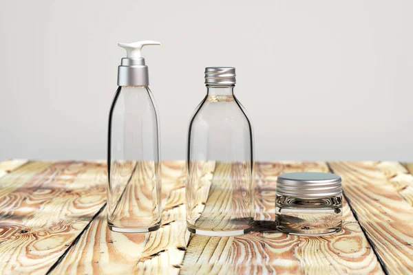 Kosmetiska förpackningar mall glas kropp skruvlock ange 3d på trä — Stockfoto