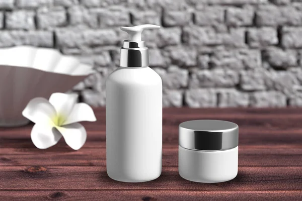 Шаблон косметической упаковки белый / серебристый набор с белым цветком на деревянном столе органическое чувство — стоковое фото