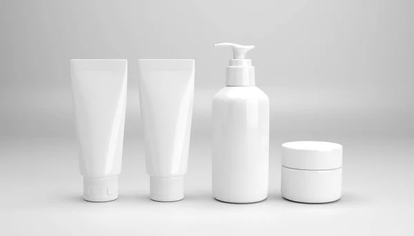 Kozmetikai csomagolás sablon fényes fehér studio telepítő 3d renderelés ak Stock Fotó