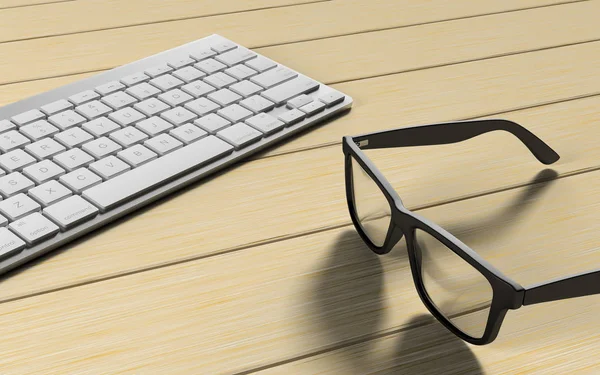 Szemüveg és a munkaállomás vezeték nélküli billentyűzet fa íróasztal 3d render Stock Fotó