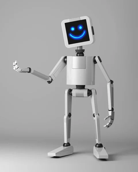 Παρουσιαστής ευτυχισμένος ρομπότ που στέκεται πάνω σε λευκό φόντο 3d καθιστούν — Φωτογραφία Αρχείου