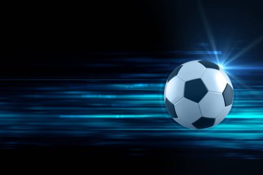 Futbol topu mavi ışık çizgi arka planda 3D çizimi