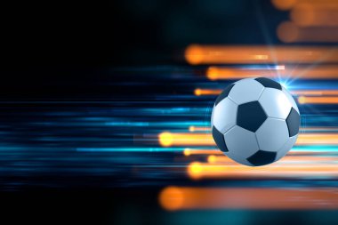 Futbol topu mavi ışık çizgi arka planda 3D çizimi