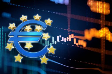 3D render euro ve Avrupa Birliği'nin teknoloji backg üzerinde kayıt