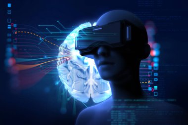 fütüristik techno kulaklıktaki Vr sanal insanda 3D işleme