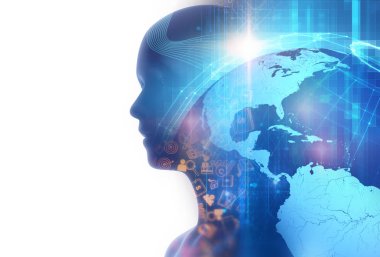 Dünya harita 3dillustrati üzerinde sanal insan görüntüsünü çift pozlama