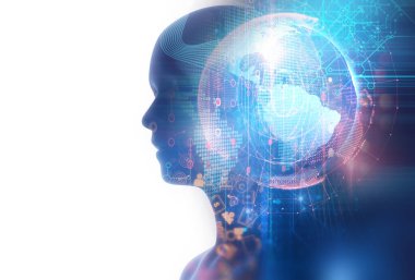 Dünya harita 3dillustrati üzerinde sanal insan görüntüsünü çift pozlama