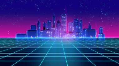 Retro futuristik gökdelen şehir 1980'lerin tarzı 3d çizim.