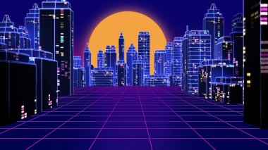 Retro futuristik gökdelen şehir 1980'lerin tarzı 3d çizim.