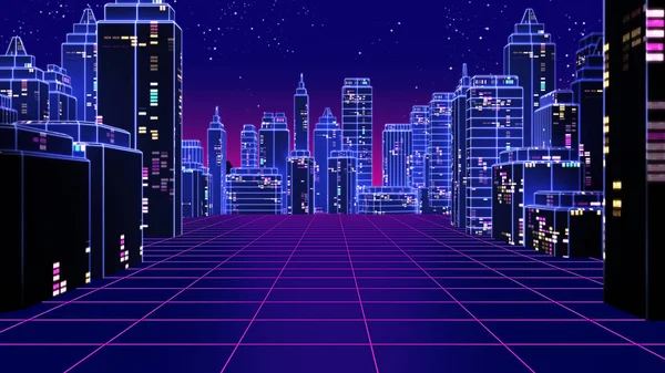 Retro wieżowiec futurystyczny ilustracja 3d styl miasta 1980 roku. — Zdjęcie stockowe