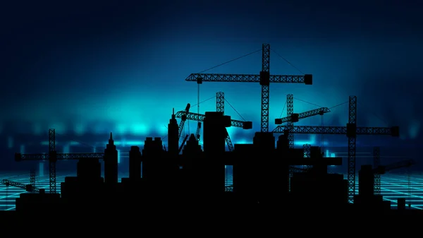 3d illustration of mobile and tower cranes in silhouette — Stock Photo, Image