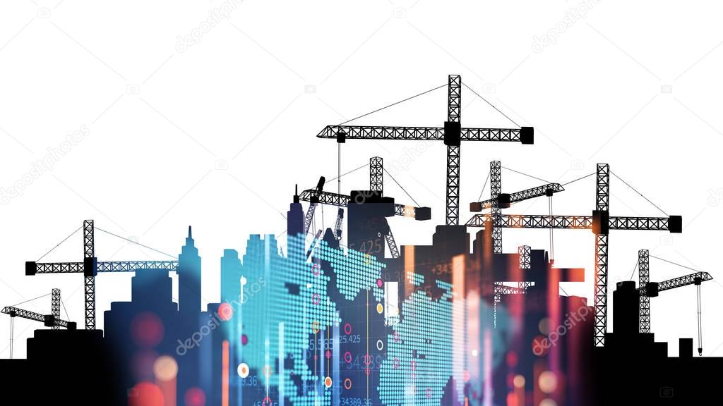 3d illustration of mobile and tower cranes in silhouette