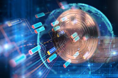 Bitcoin 3D render teknoloji zemin üzerine