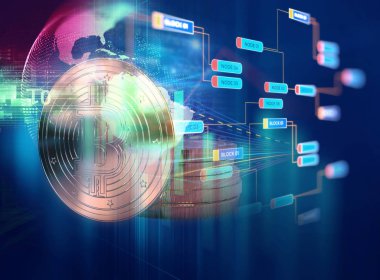 Bitcoin 3D render teknoloji zemin üzerine