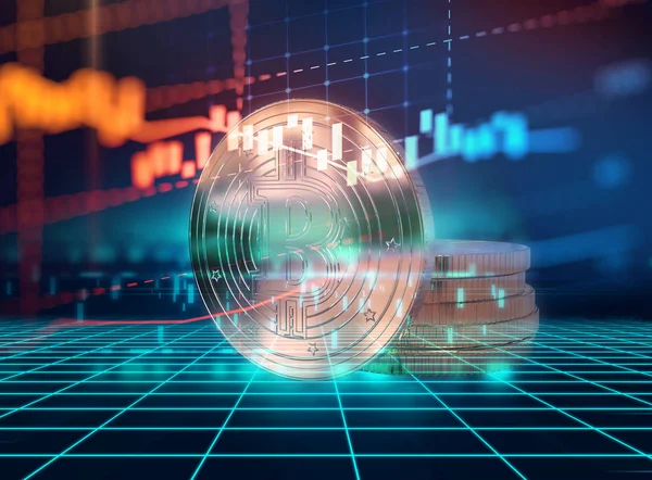 3d representación de Bitcoin en el fondo de la tecnología — Foto de Stock