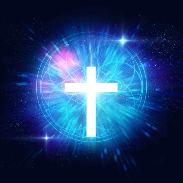 White light cross on sacred geometry element background — Stock Photo, Image