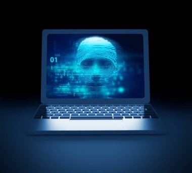 dizüstü ekran 3d çizim üzerinde mavi dijital cyber hacker