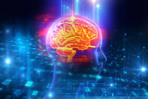 Τρισδιάστατη απεικόνιση του ανθρώπινου εγκεφάλου σε φόντο τεχνολογία — Φωτογραφία Αρχείου