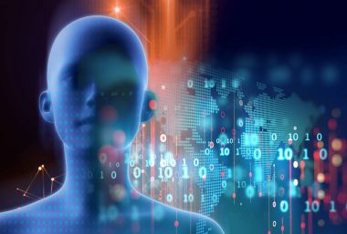 3D sanal insan teknoloji arka plan üzerinde gösterimi.