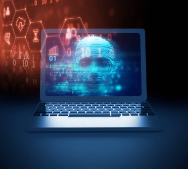 dizüstü ekran 3d çizim üzerinde mavi dijital cyber hacker