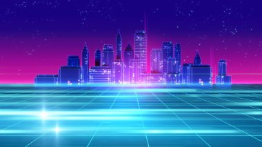 Retro futuristik gökdelen şehir 1980'lerin tarzı 3d çizim.