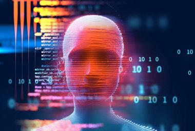 Dijital cyber kafatası ve cpu 3d illüstrasyon mavi