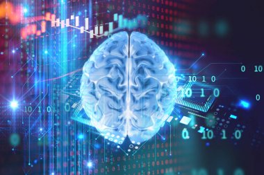 Dijital cyber kafatası ve cpu 3d illüstrasyon mavi
