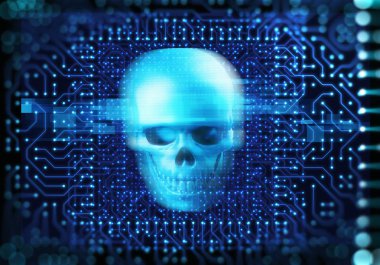 Dijital cyber kafatası ve cpu 3d illüstrasyon mavi