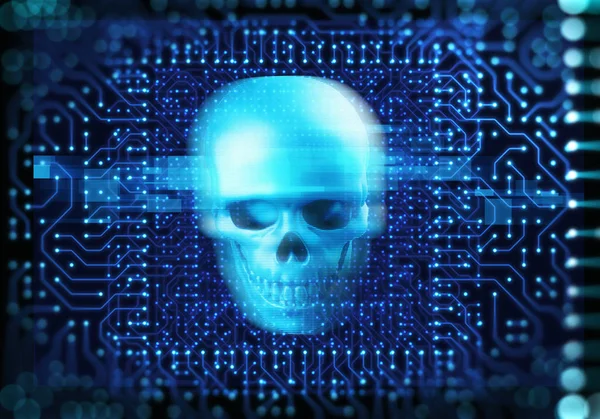 Голубой цифровой кибер-череп и 3D-иллюстрация — стоковое фото