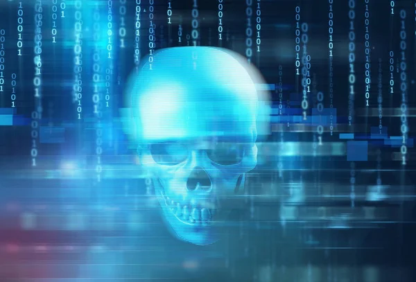 Blue digital cyber skull and cpu  3d illustration — Stock Photo, Image