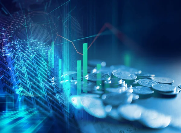 Pila de monedas en la tecnología de fondo gráfico financiero . —  Fotos de Stock