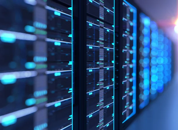 Bandbreedte van de serverruimte met server racks in datacenter. 3D ziek — Stockfoto
